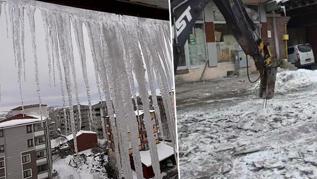 Kentte 20 santimetre kalınlığında buz tabakaları oluştu: İş makinesi devreye girdi