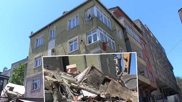 Yıkımı yapılan bina bitişiğindeki binanın üzerine çöktü