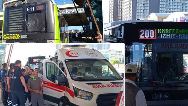 Tuzla'da panik anları! Ani fren yapan belediye otobüsüne beton pompası çarptı: Yolcular yere savruldu