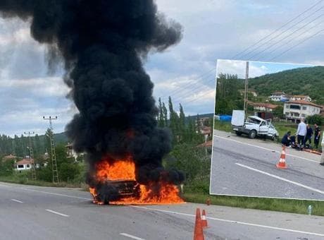 Feci kaza! Çarpışan otomobil alev topuna döndü; dede ile torunu hayatını kaybetti