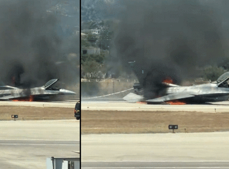 Acil iniş yapan Yunan F-16C uçağı alev topuna döndü