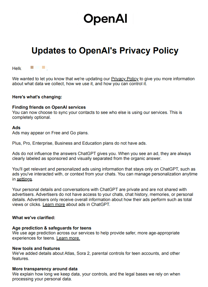 OpenAI, ChatGPT'de reklamlar genişledikçe gizlilik politikasını güncelliyor