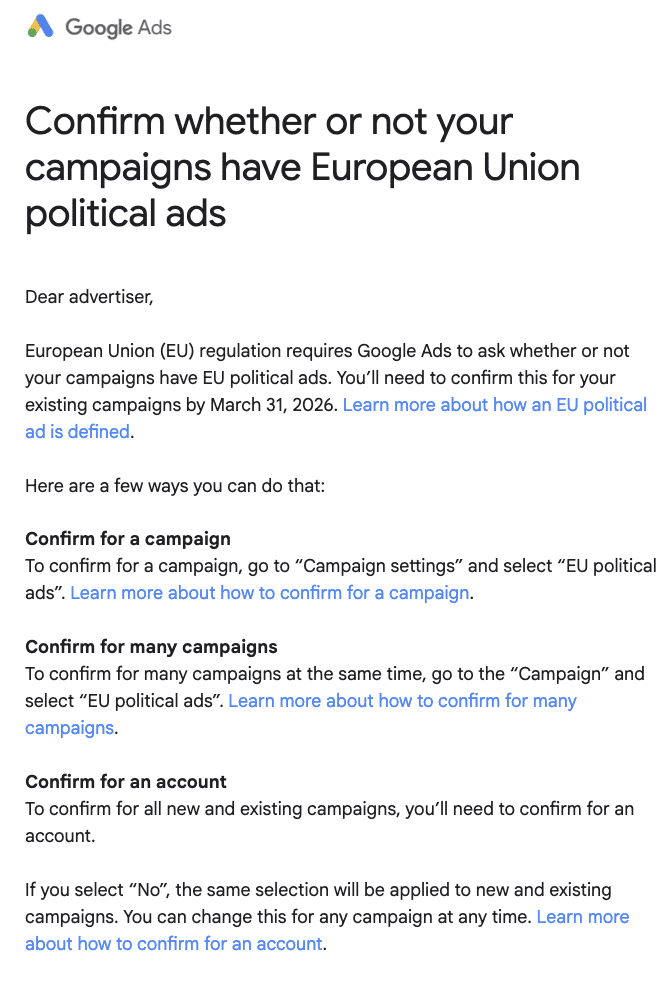 Google, zorunlu AB siyasi reklamları için son tarih olan reklamverenlerle iletişime geçer