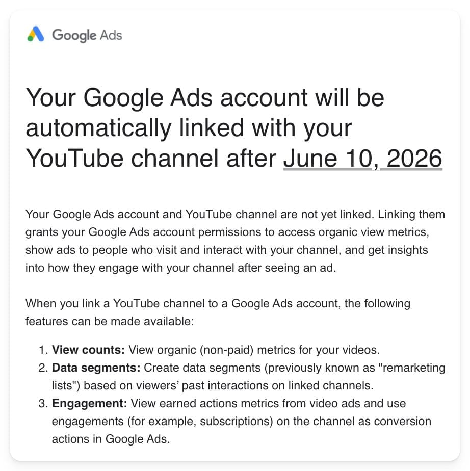 Google Ads, 10 Haziran'dan itibaren YouTube kanallarını otomatik olarak bağlayacak