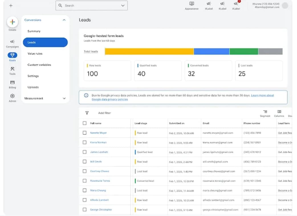 Google Ads yerleşik potansiyel müşteri yönetimi kontrol panelini kullanıma sunuyor