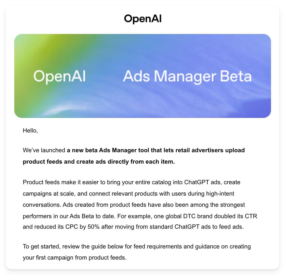 OpenAI, Reklam Yöneticisi beta sürümünde ürün feed'i reklamlarını kullanıma sunuyor