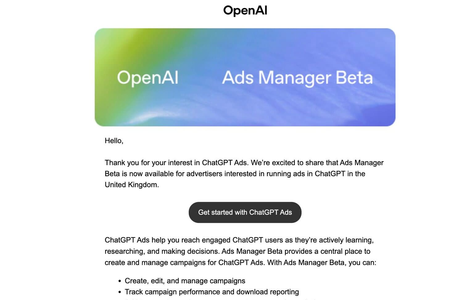OpenAI, ChatGPT Reklam Yöneticisi beta sürümünü İngiltere'deki reklamverenlere açıyor