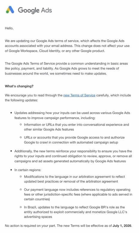 Google Ads, Temmuz 2026'da kullanıma sunulmadan önce hizmet şartlarını güncelliyor