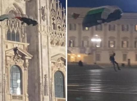 Son dakika...İtalya'daki tarihi katedralden Filistin bayrağı renklerindeki paraşütüyle atladı!